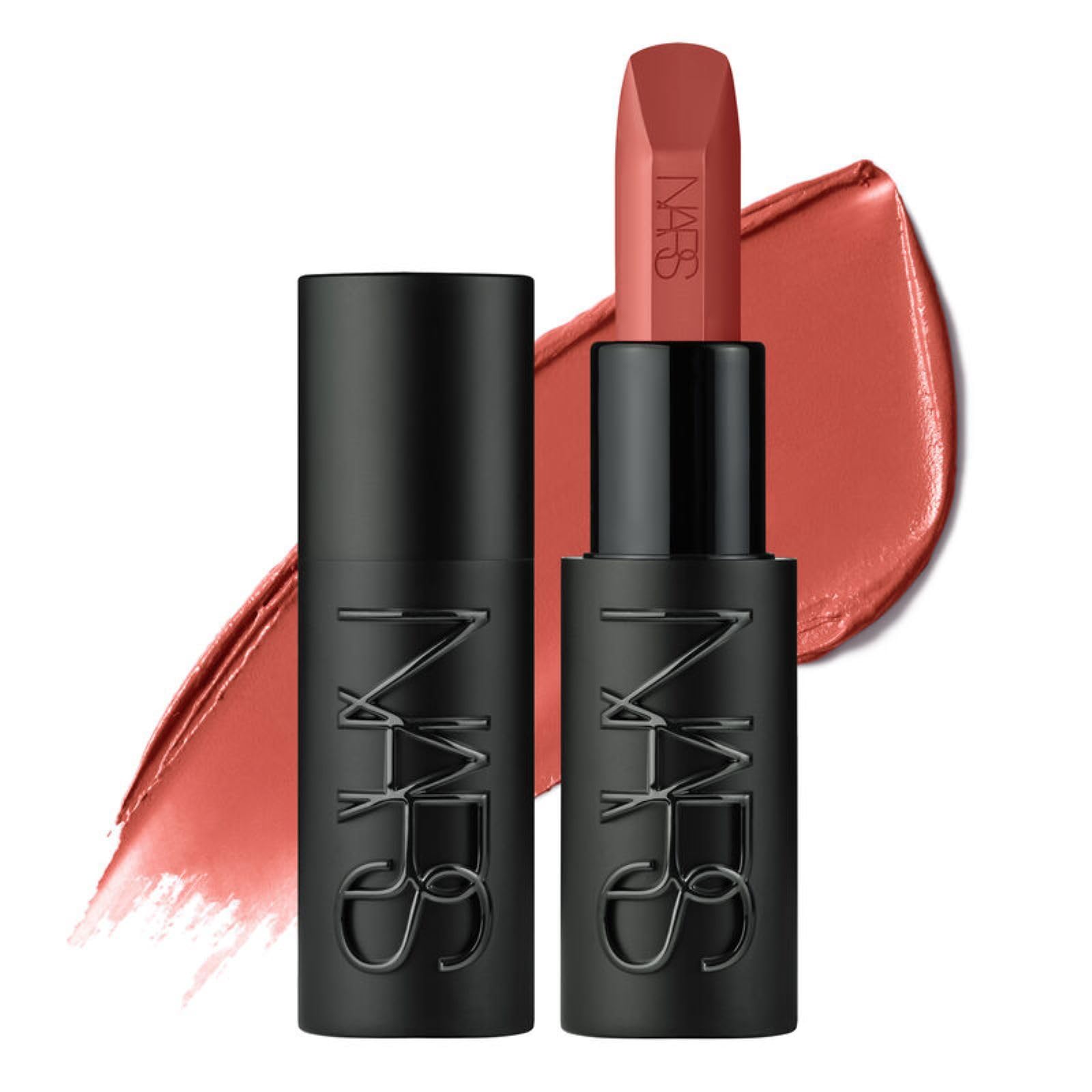 NARS Explicit Satin Lipstick Luscious 823 swatch showing vibrant, long-lasting color.