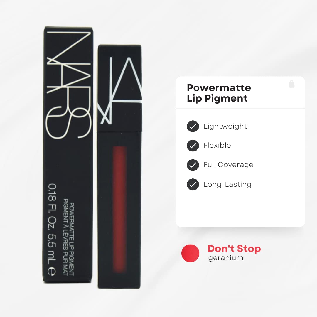 NARS Don't Stop Geranium lipstick swatch on skin showing true color and full coverage