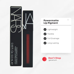NARS Don't Stop Geranium lipstick swatch on skin showing true color and full coverage
