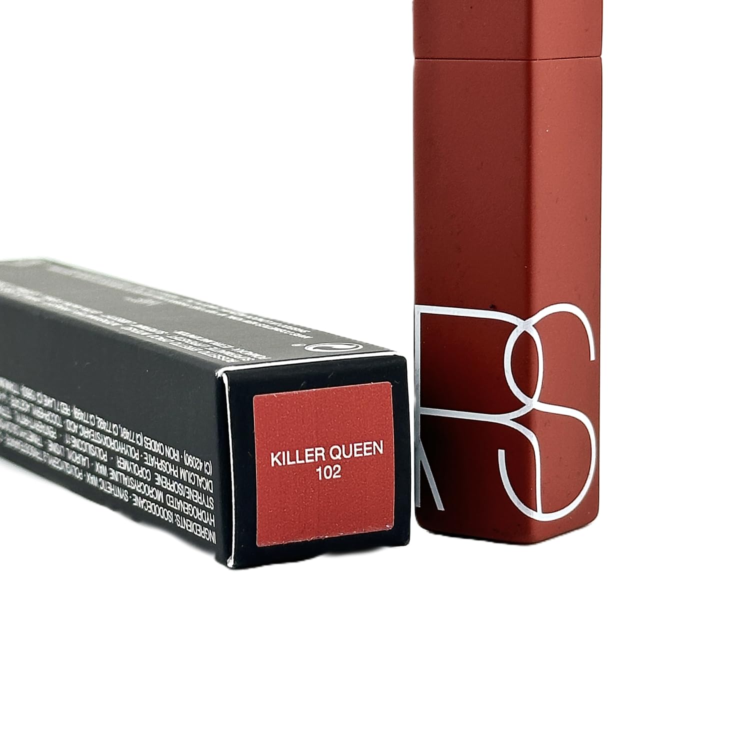 NARS Powermatte Lipstick 102 Killer Queen swatches on skin showing matte finish.