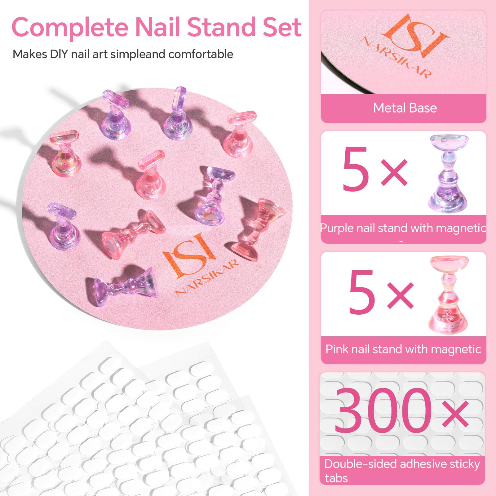 Narsikar anti-slip metal base stabilizes nail holders during display.