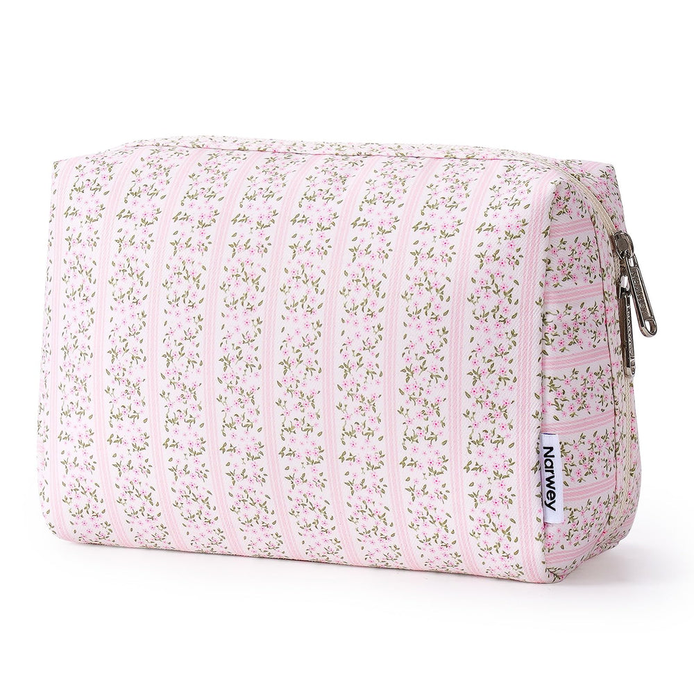 Narwey floral makeup bag front view, compact large size for travel cosmetics storage.
