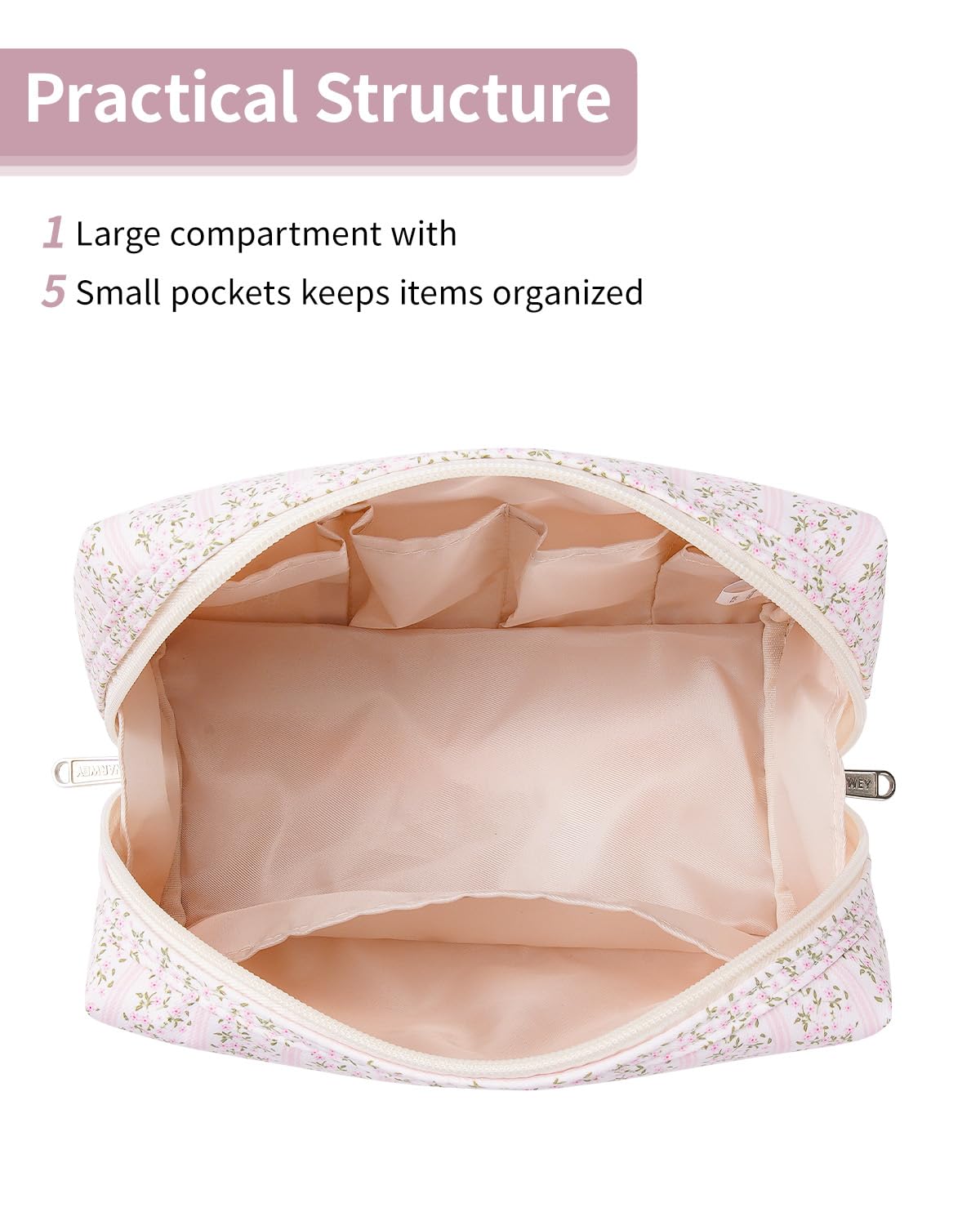 Narwey bag interior with five pockets organized for brushes and cosmetics.