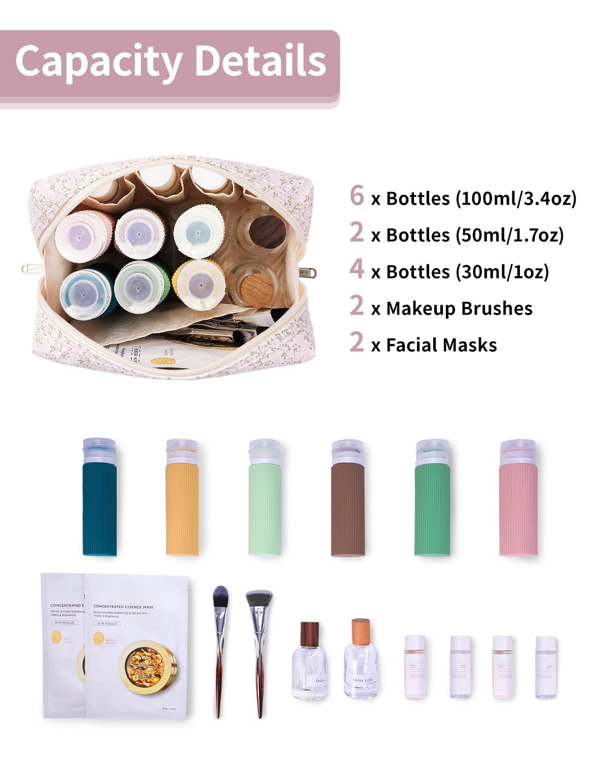 Narwey floral makeup bag open compartments showing inner pockets for organized cosmetics.