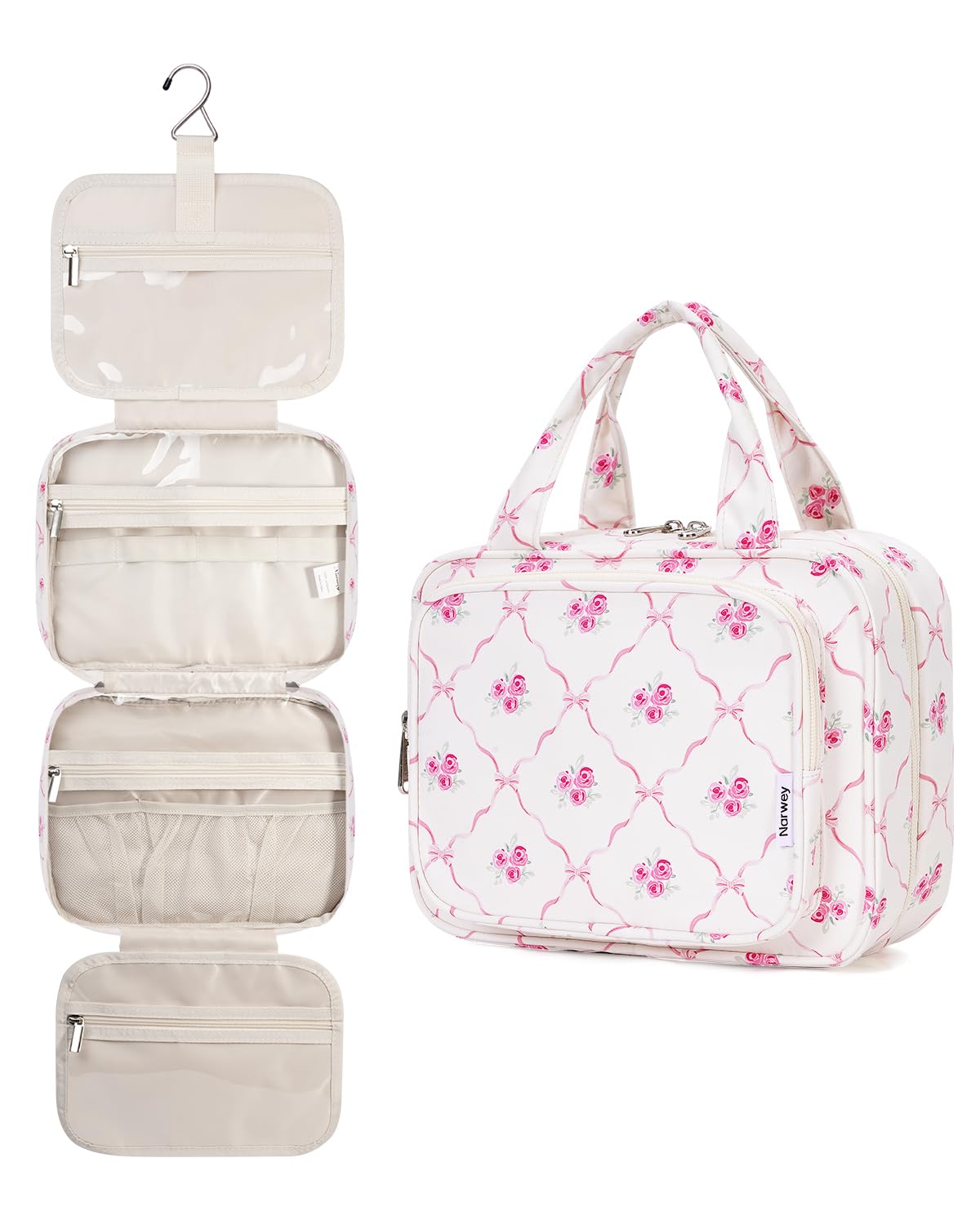 Narwey bowknot flower hanging toiletry bag, front view for easy access