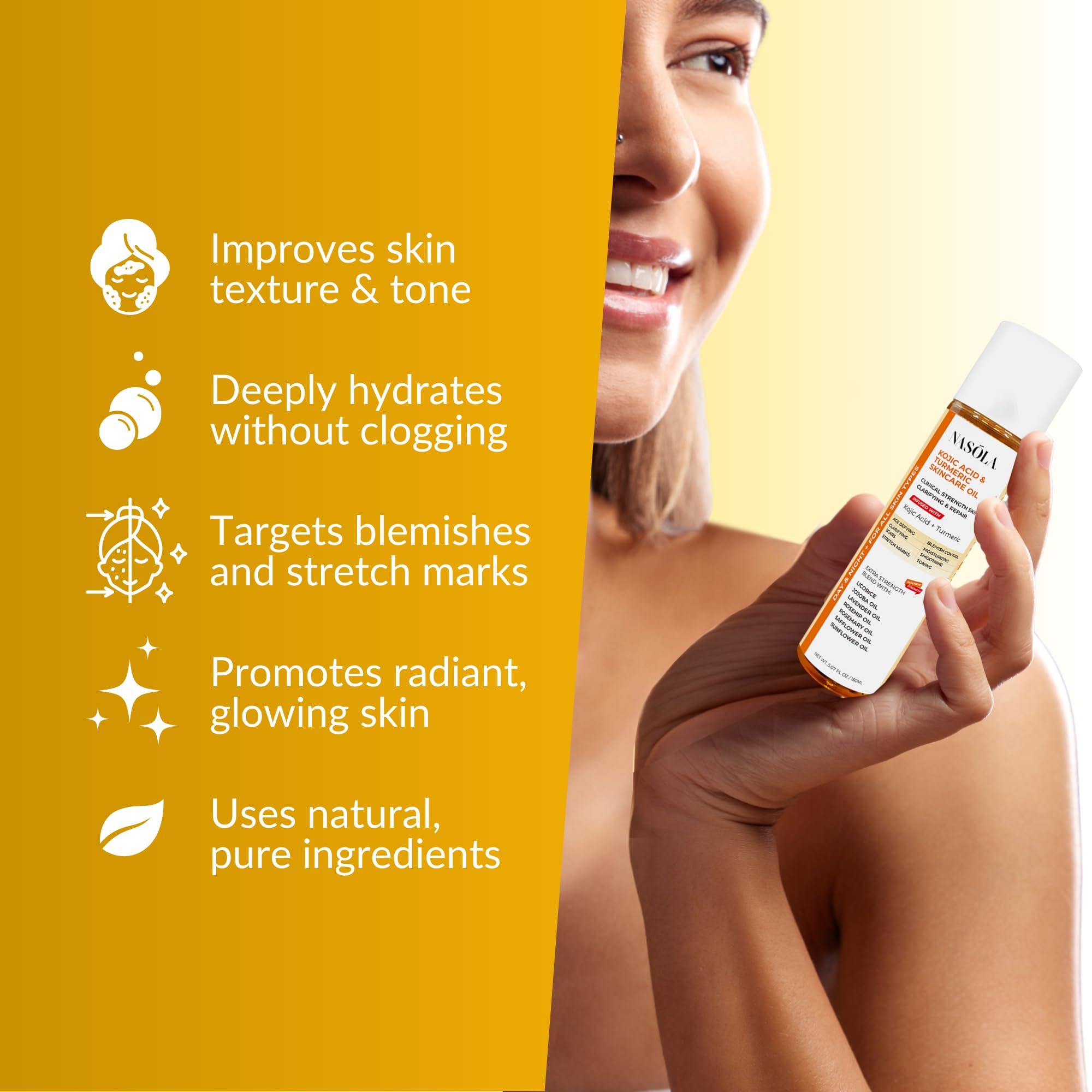 Nasola ingredients image shows jojoba, lavender, and rosehip nourishing skin.