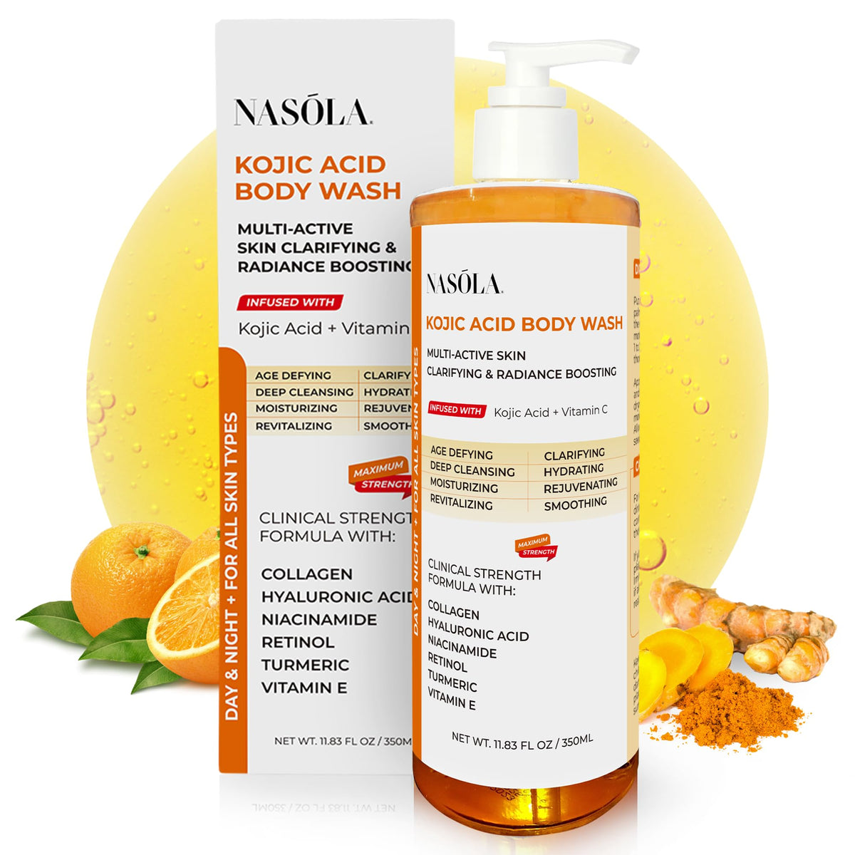 Nasola Kojic Acid Body Wash bottle with turmeric blend for radiant skin