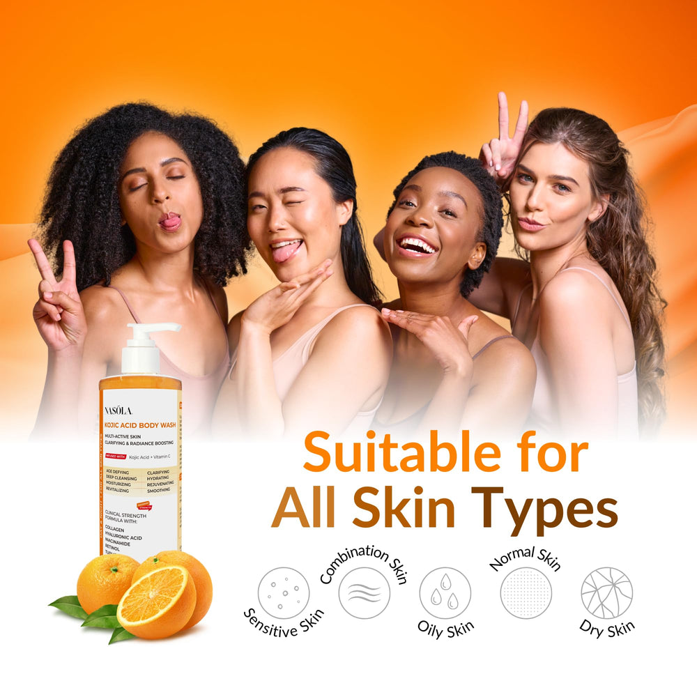 Nasola Kojic Acid Body Wash Vitamin C glow shot suggesting brightening effect