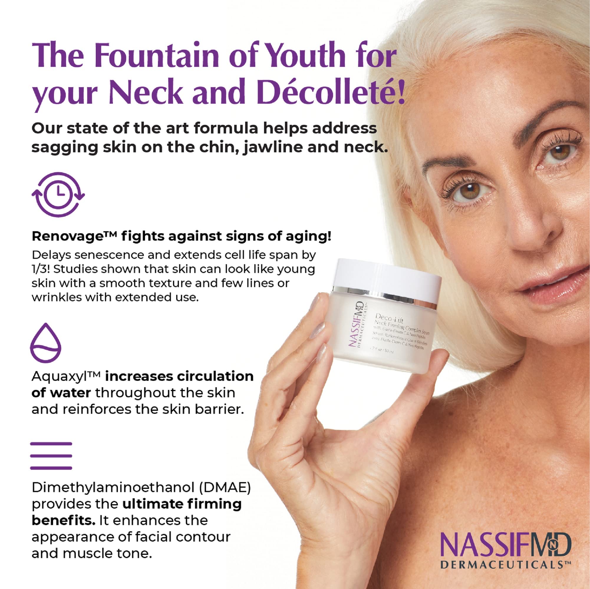 NassifMD Deco-Lift serum being applied with upward massage for neck contouring
