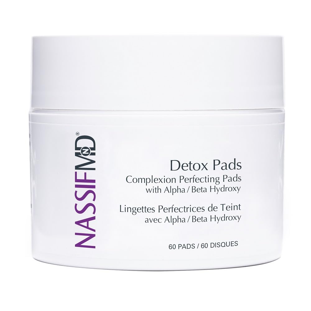 NassifMD Exfoliating Detox Pads box demonstrates deep cleansing for a refreshed complexion.