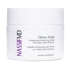 NassifMD Exfoliating Detox Pads box demonstrates deep cleansing for a refreshed complexion.