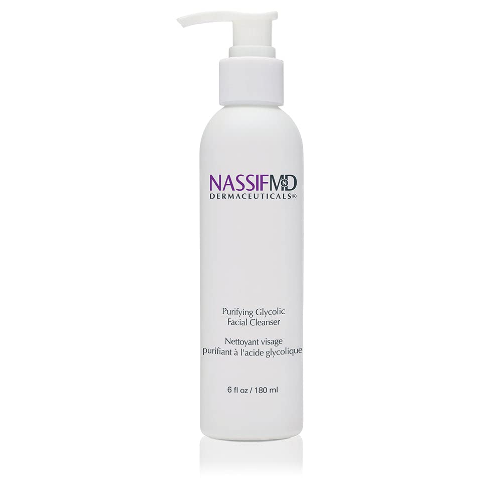 NassifMD glycolic face wash bottle promotes gentle cleansing and skin renewal.
