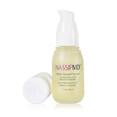 NassifMD Hydro-Screen Serum bottle closeup showing hydration-boosting formula for radiant skin