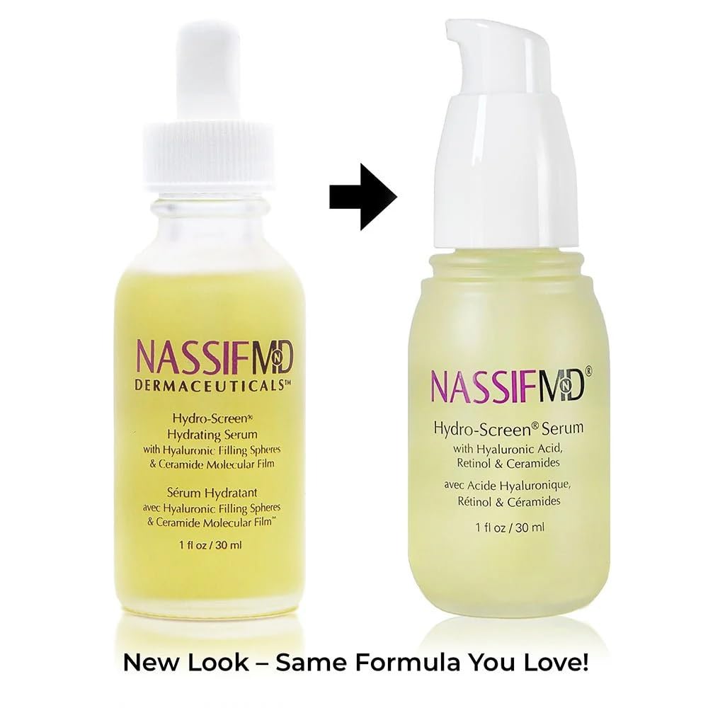 NassifMD Hydro-Screen Serum swirl texture highlights smooth, absorbent finish for layering with makeup