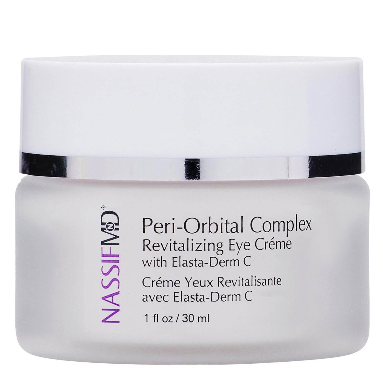 NassifMD peri-orbital cream bottle close-up for daily eye care routine.