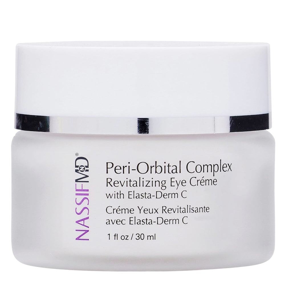 NassifMD peri-orbital cream bottle close-up for daily eye care routine.