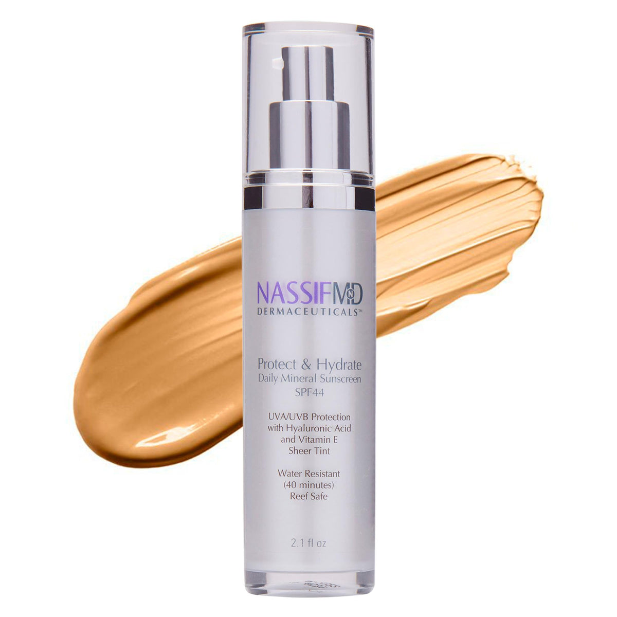NassifMD Protect and Hydrate SPF44 bottle front view with universal tint and sun protection