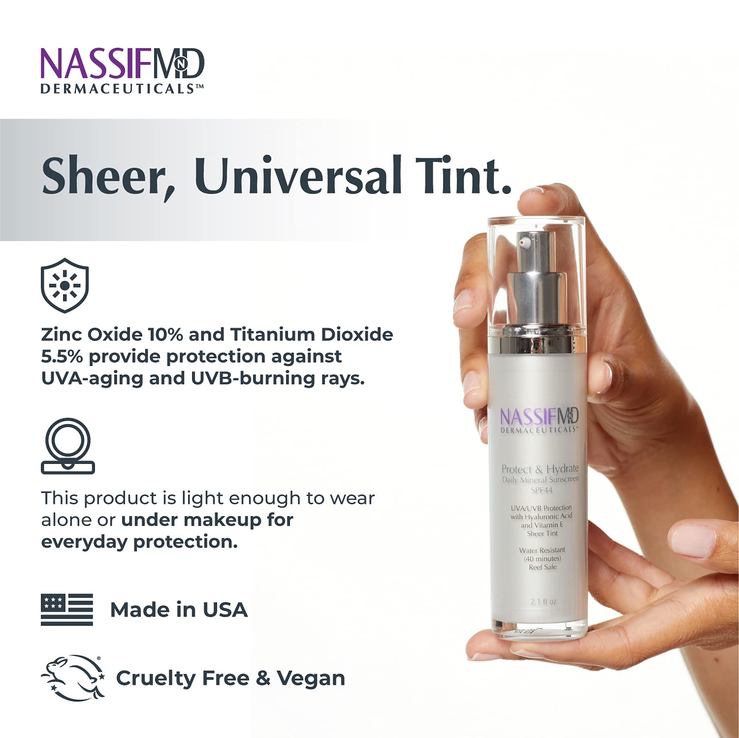 NassifMD Protect and Hydrate SPF44 texture close-up showing whipped, blendable cream