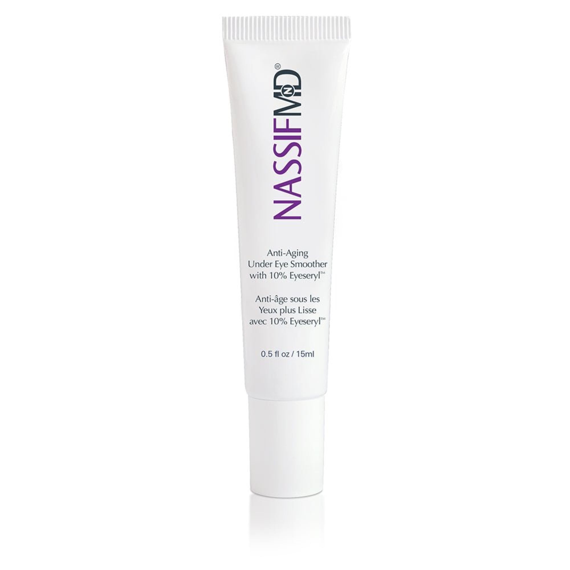 NassifMD under eye smoother bottle front for easy daily use.