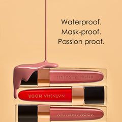 Nude shade swatch demonstrates natural look with long-lasting color.