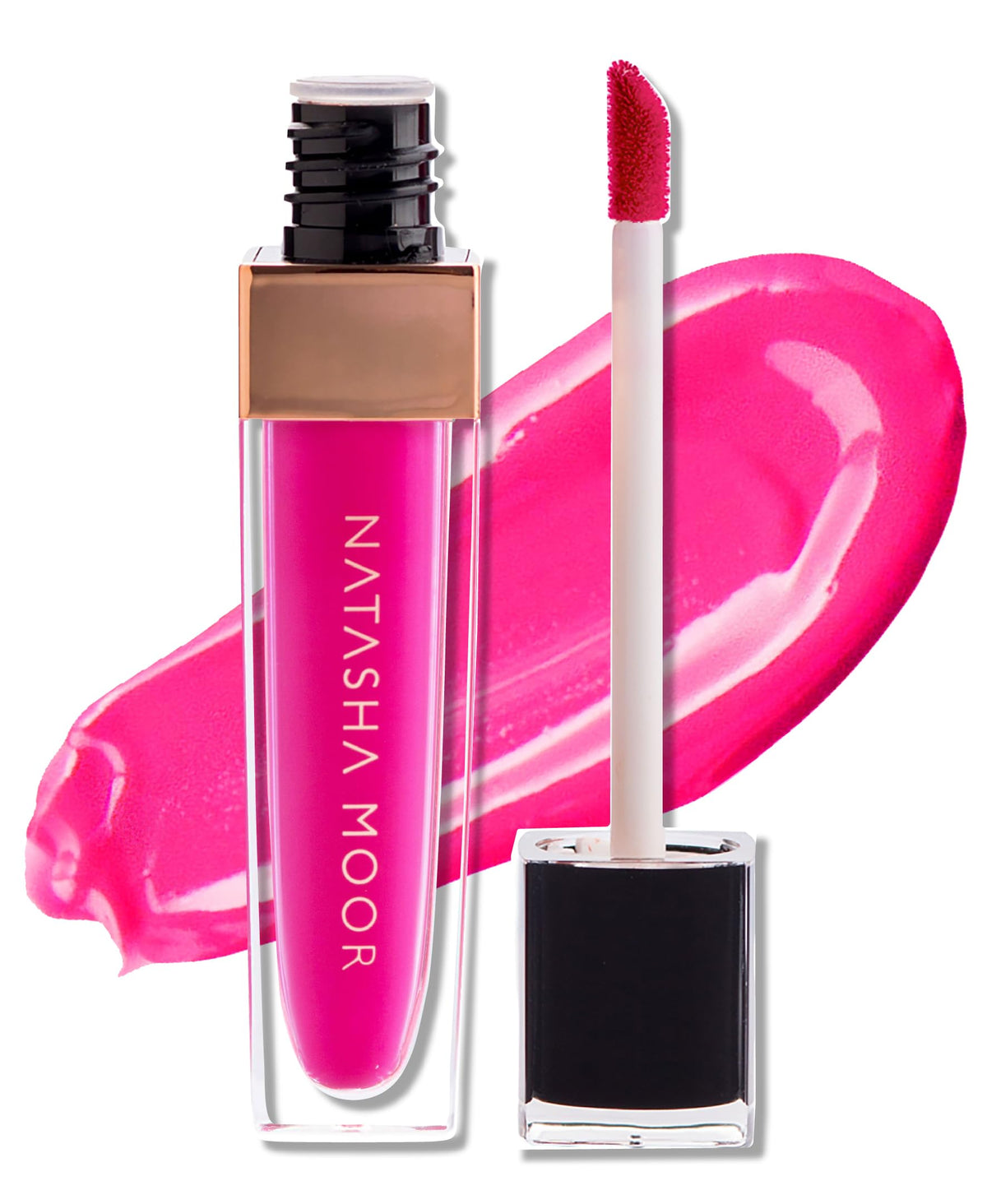 Natasha Moor Molten Matte pink lip swatch shows vibrant color and hydration.