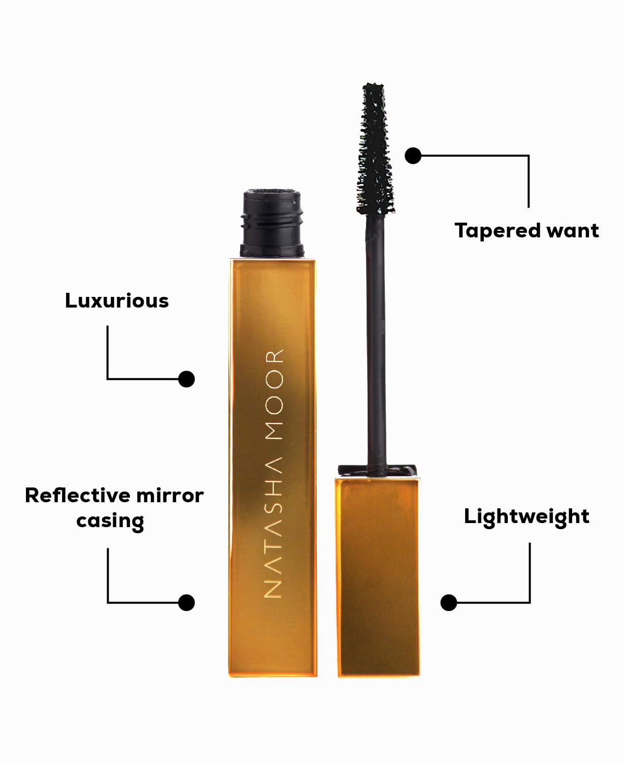 Natasha Moor Moor Power Mascara water-resistant coating supports all-day wear.