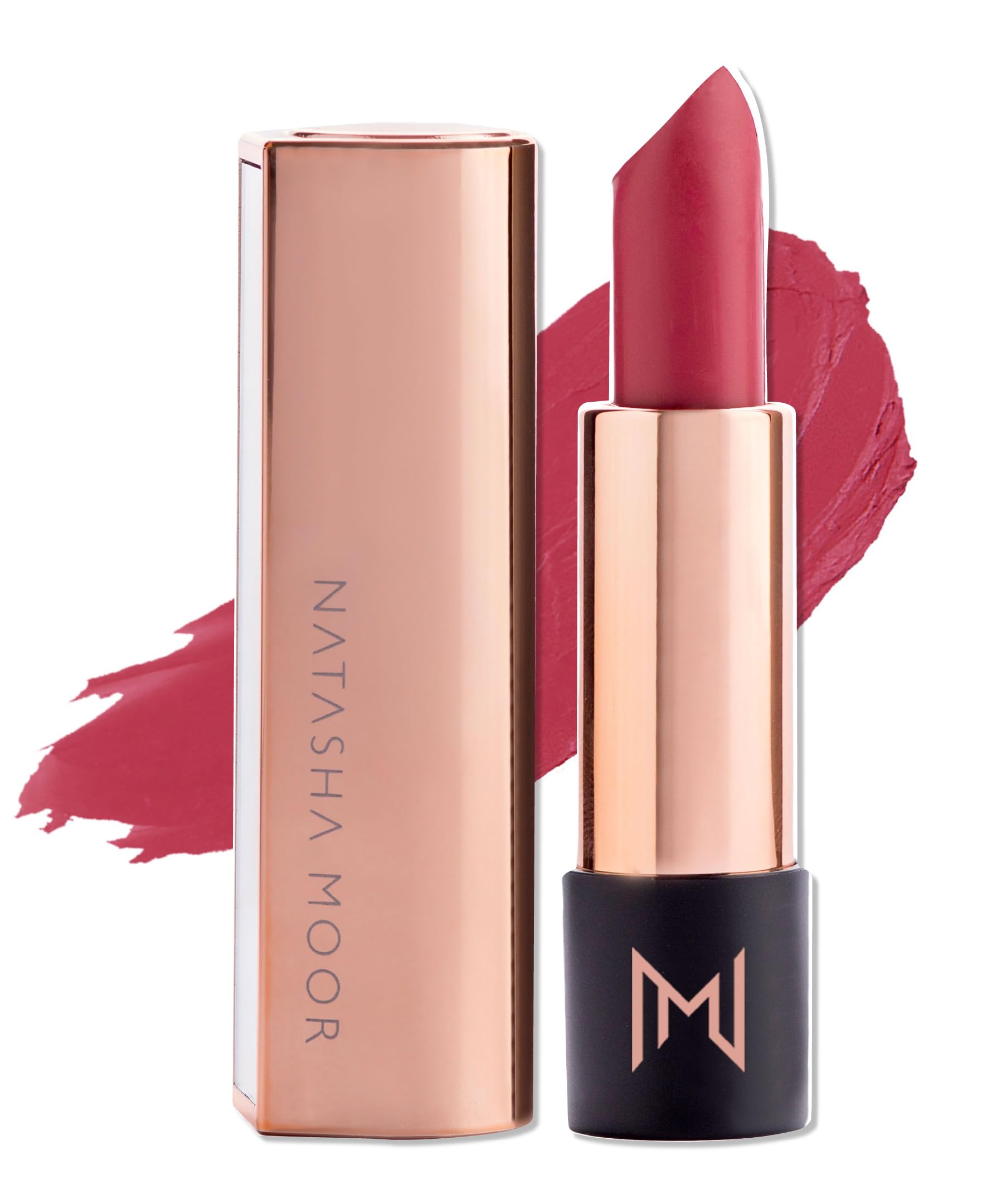 Natasha Moor Silk Suede lipstick bullet and cap offering bold color for all-day wear