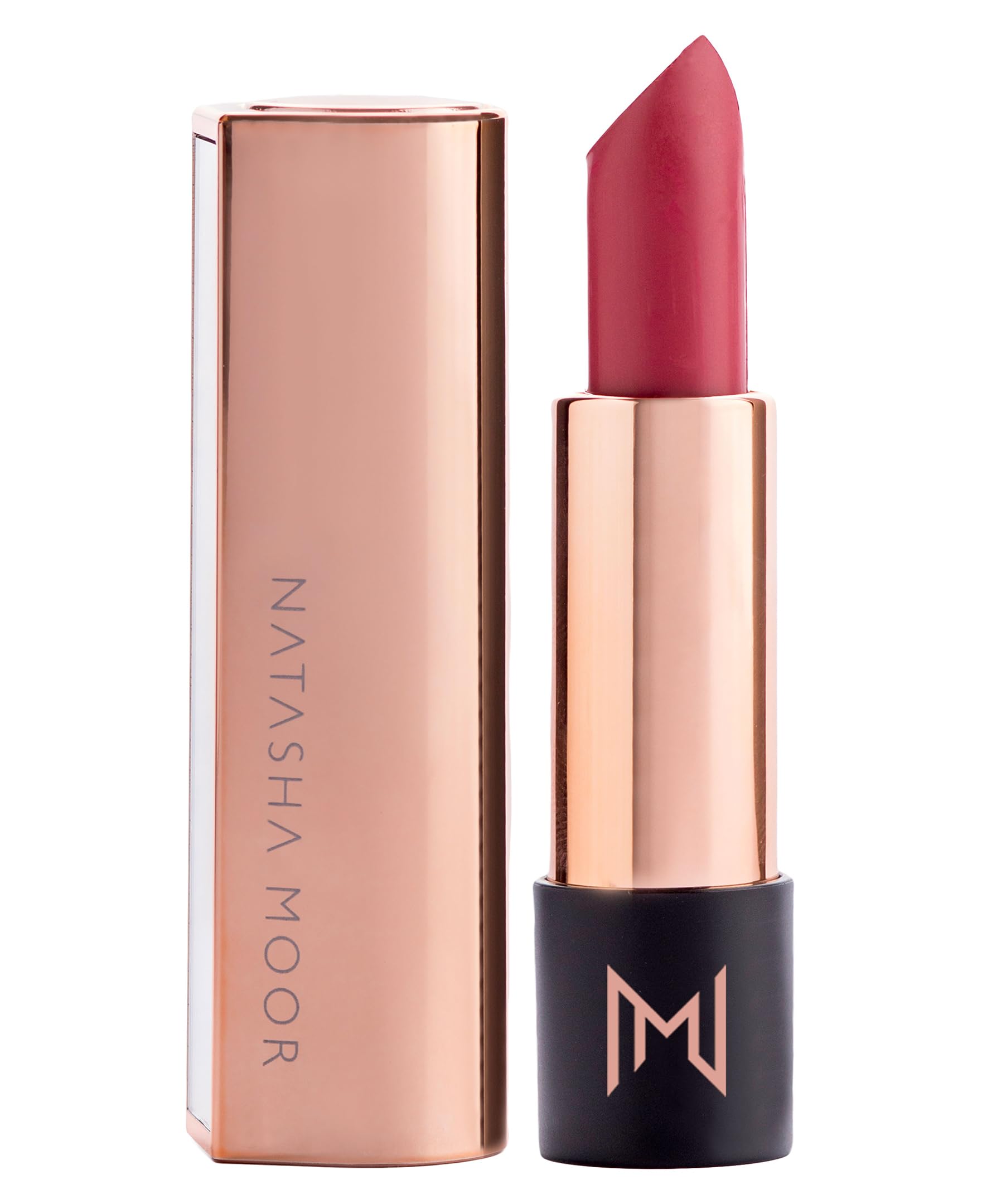 Natasha Moor Silk Suede lipstick shown during use in different lighting