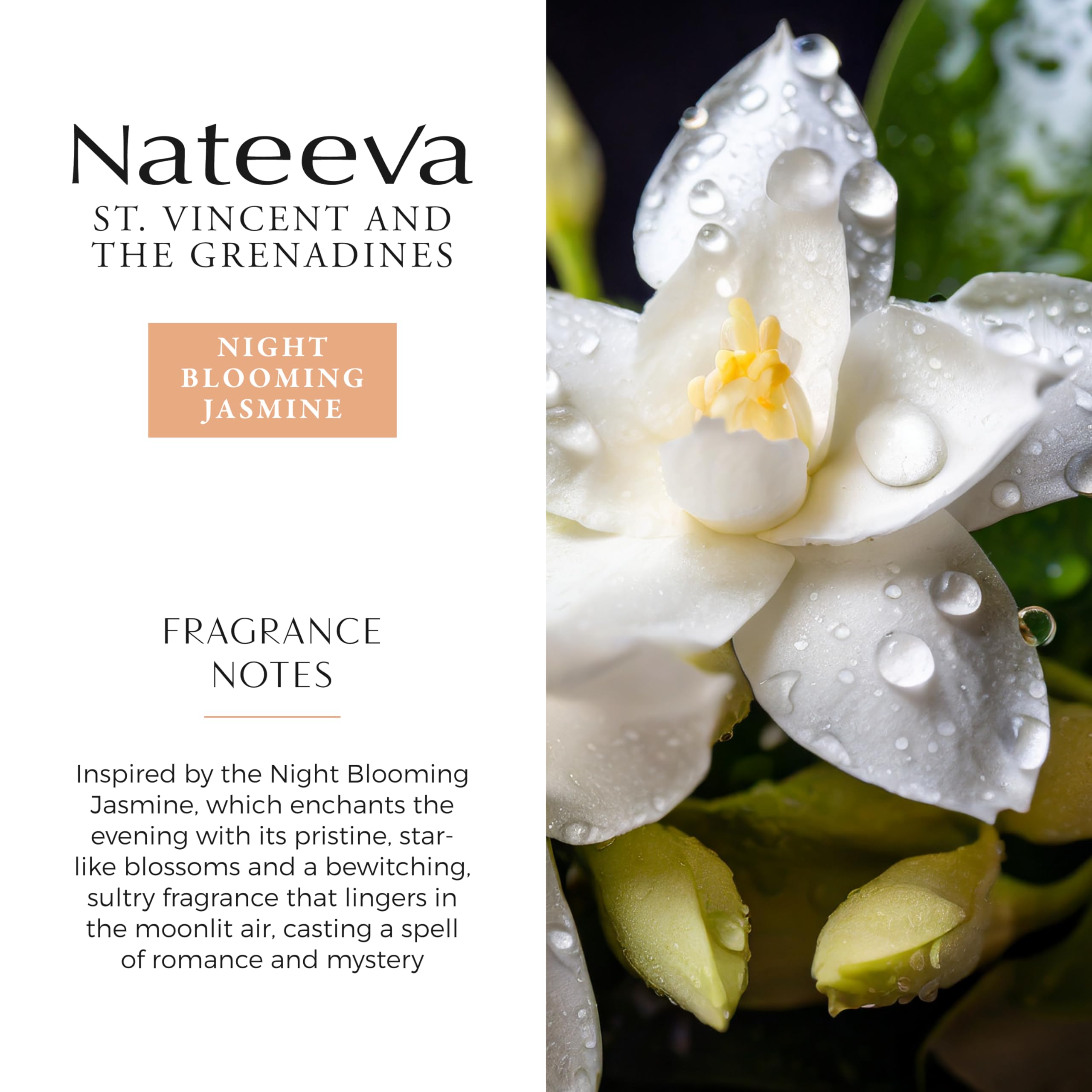 Nateeva St. Vincent Night Blooming Jasmine EDP spray in use for all-day fragrance.