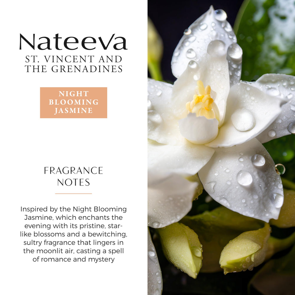 Nateeva St. Vincent Night Blooming Jasmine EDP spray in use for all-day fragrance.