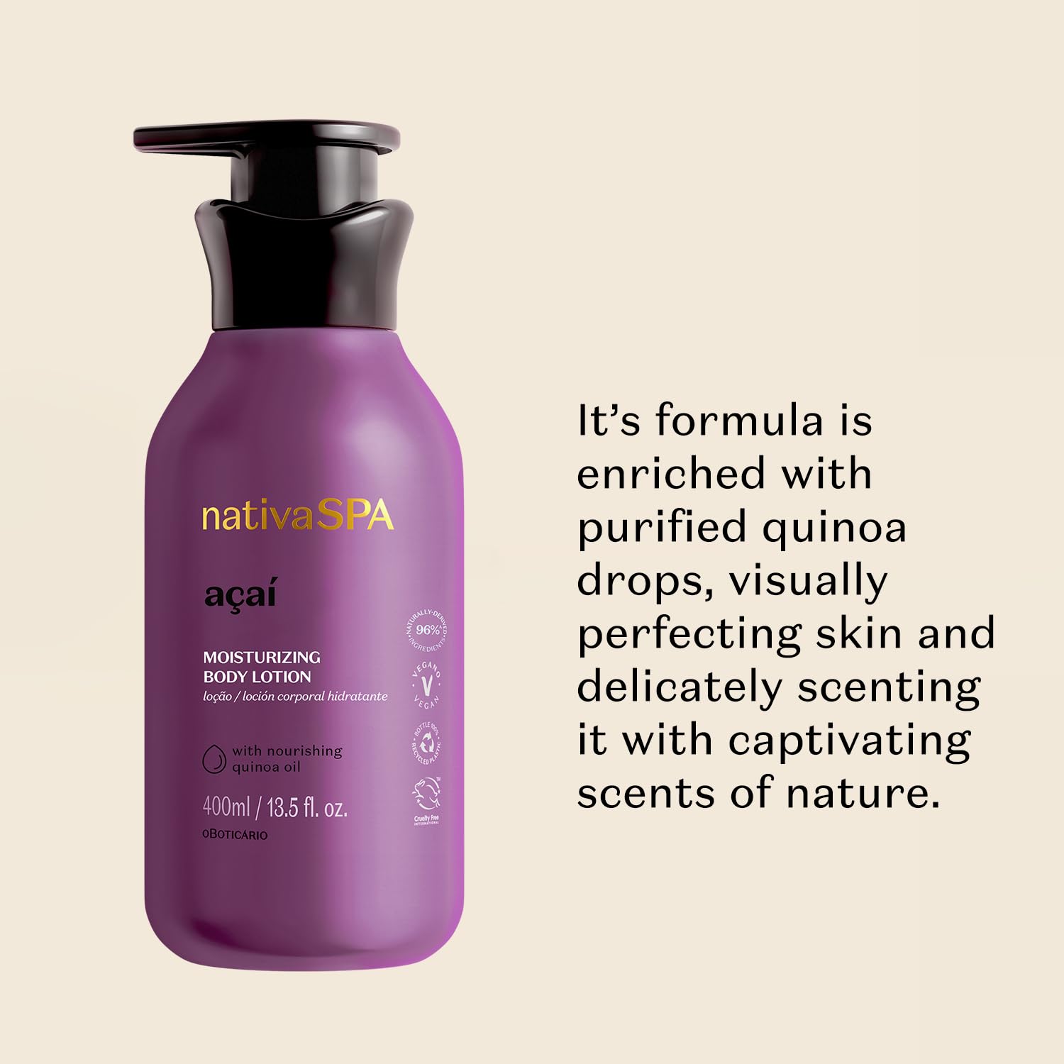 Nativa Spa Acai body lotion refillable bottle for everyday comfort.