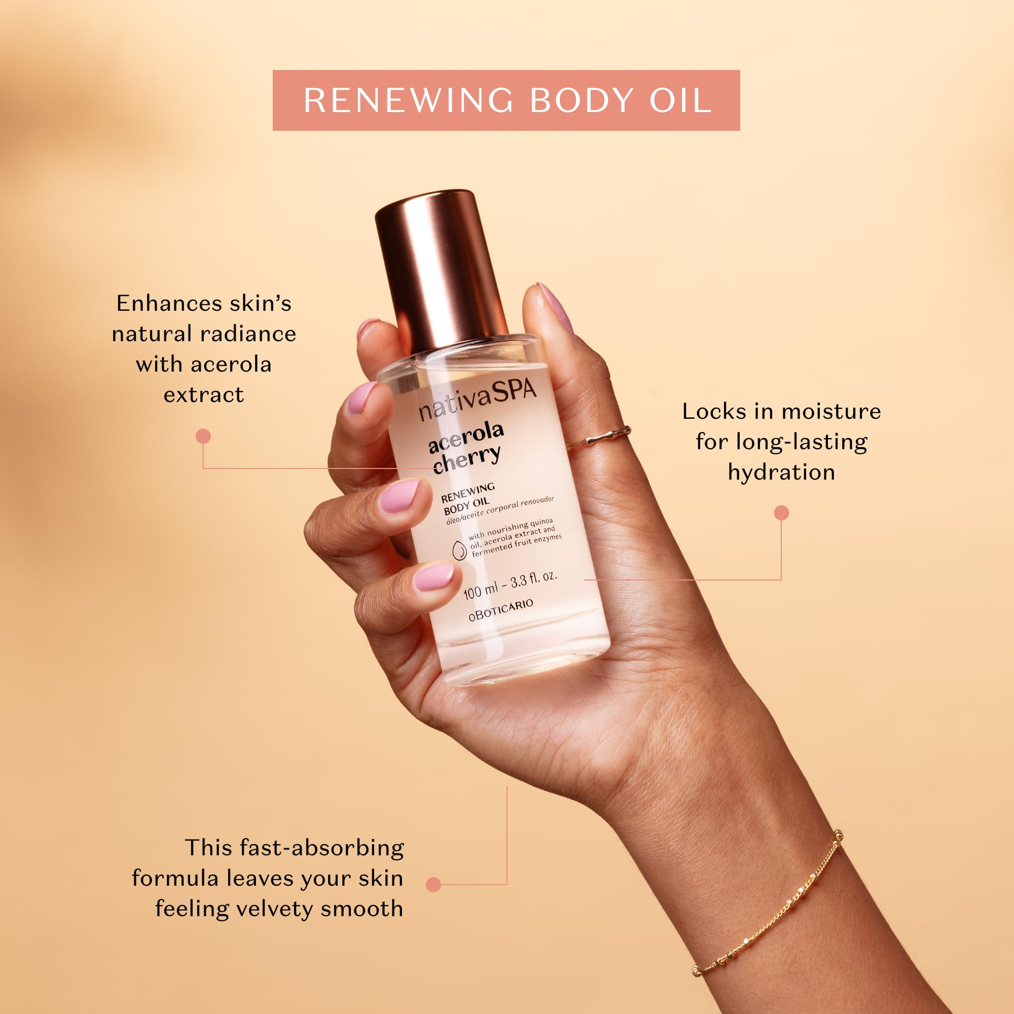 NATIVA SPA Acerola Cherry Renewing Body Oil being poured to show quick-absorb texture.