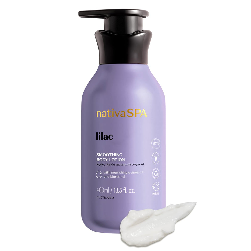 Nativa SPA Lilac Body Lotion bottle showing silky hydration and a soft fragrance.