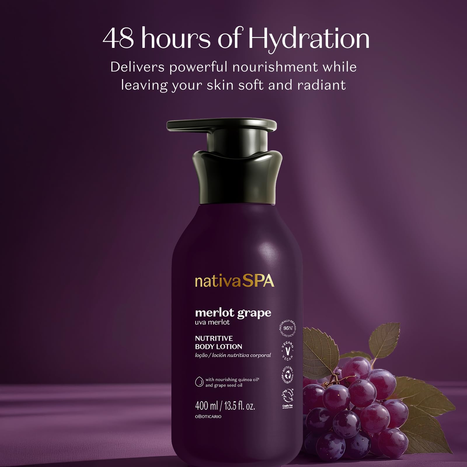 NATIVA SPA Merlot Grape lotion bottle closeup highlights quick absorption