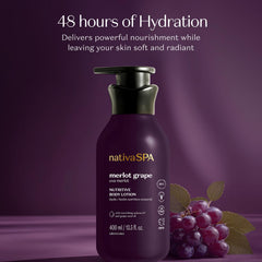 NATIVA SPA Merlot Grape lotion bottle closeup highlights quick absorption