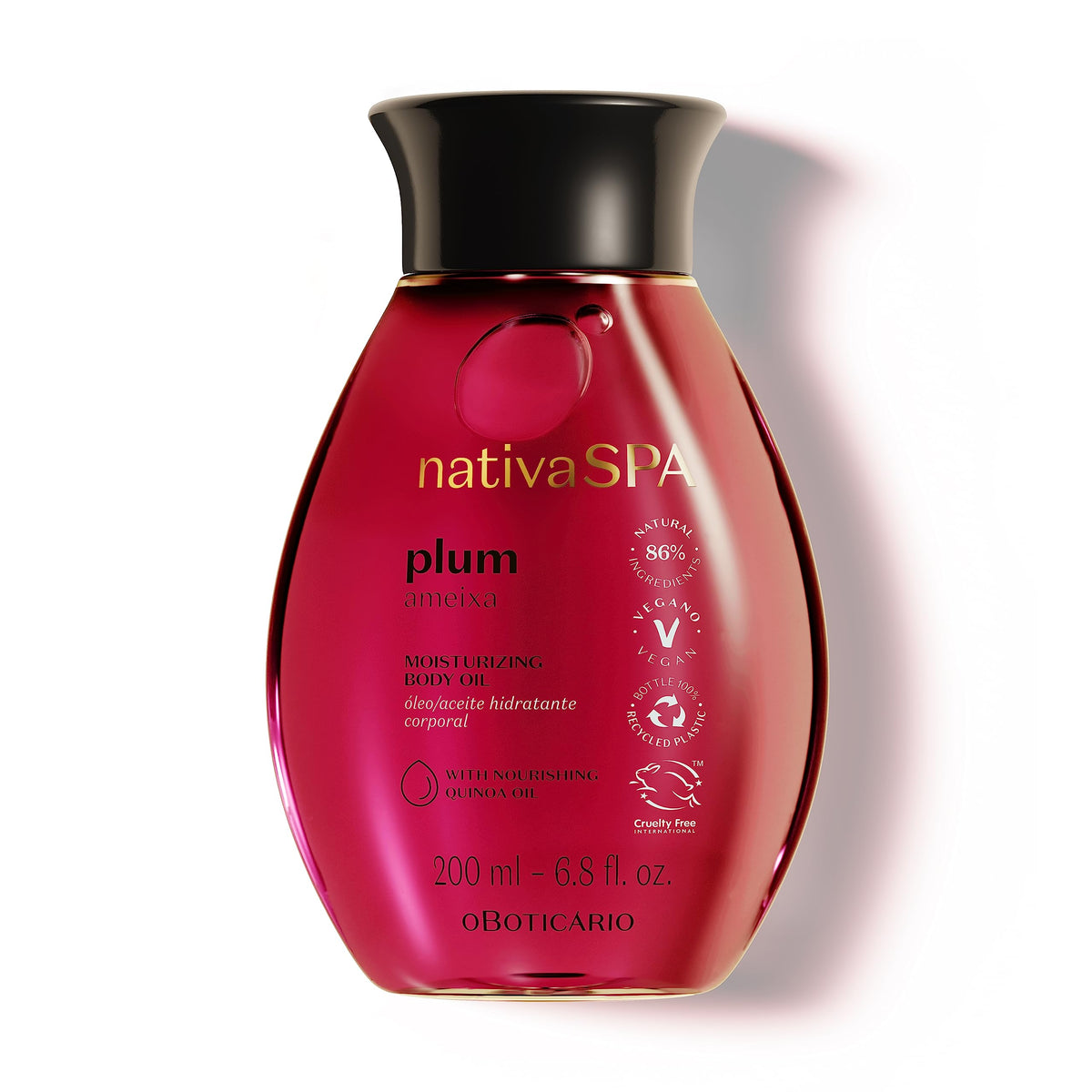 NATIVA SPA Plum Body Oil bottle close-up highlighting rich hydration.