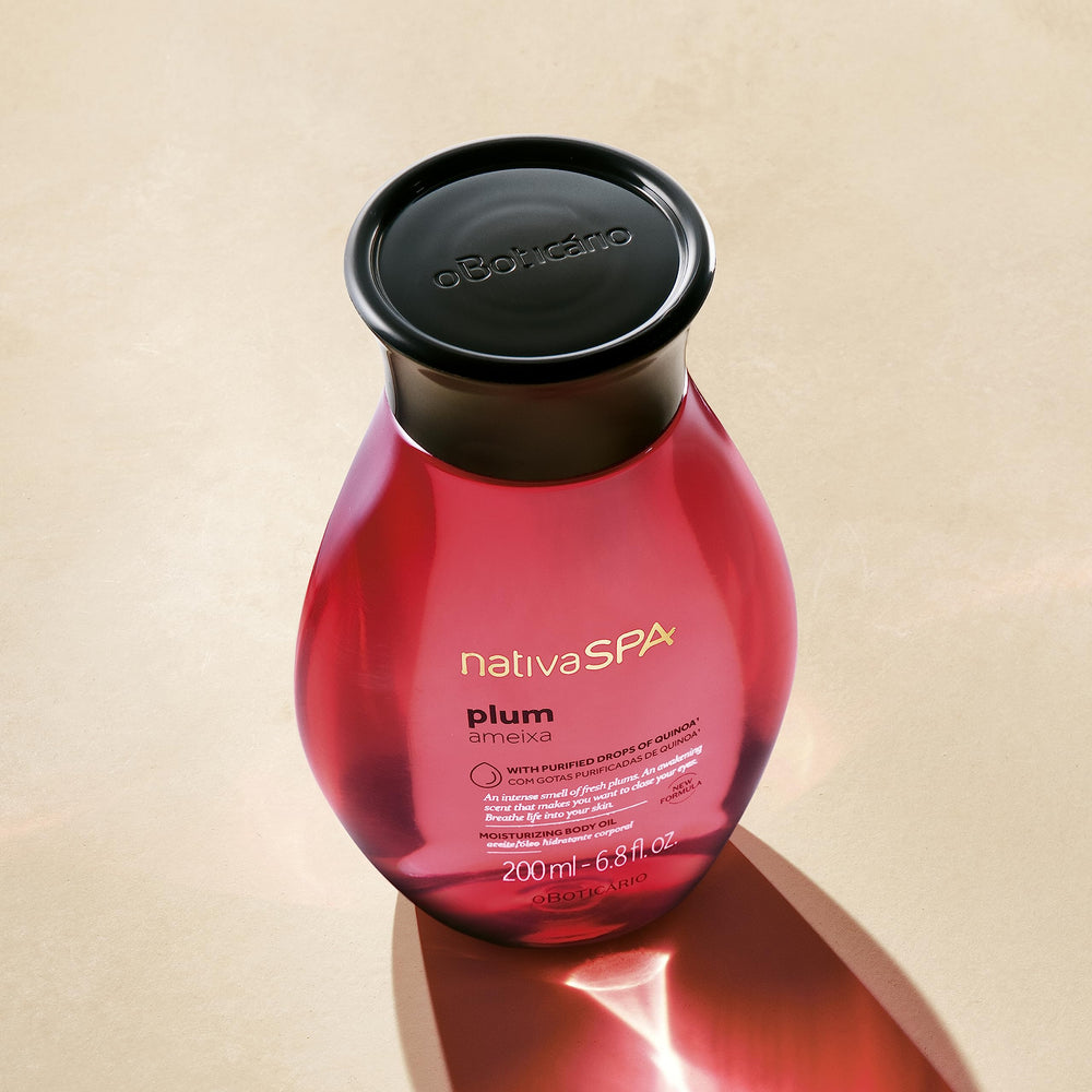 NATIVA SPA Plum Body Oil bottle with woody floriental fragrance.