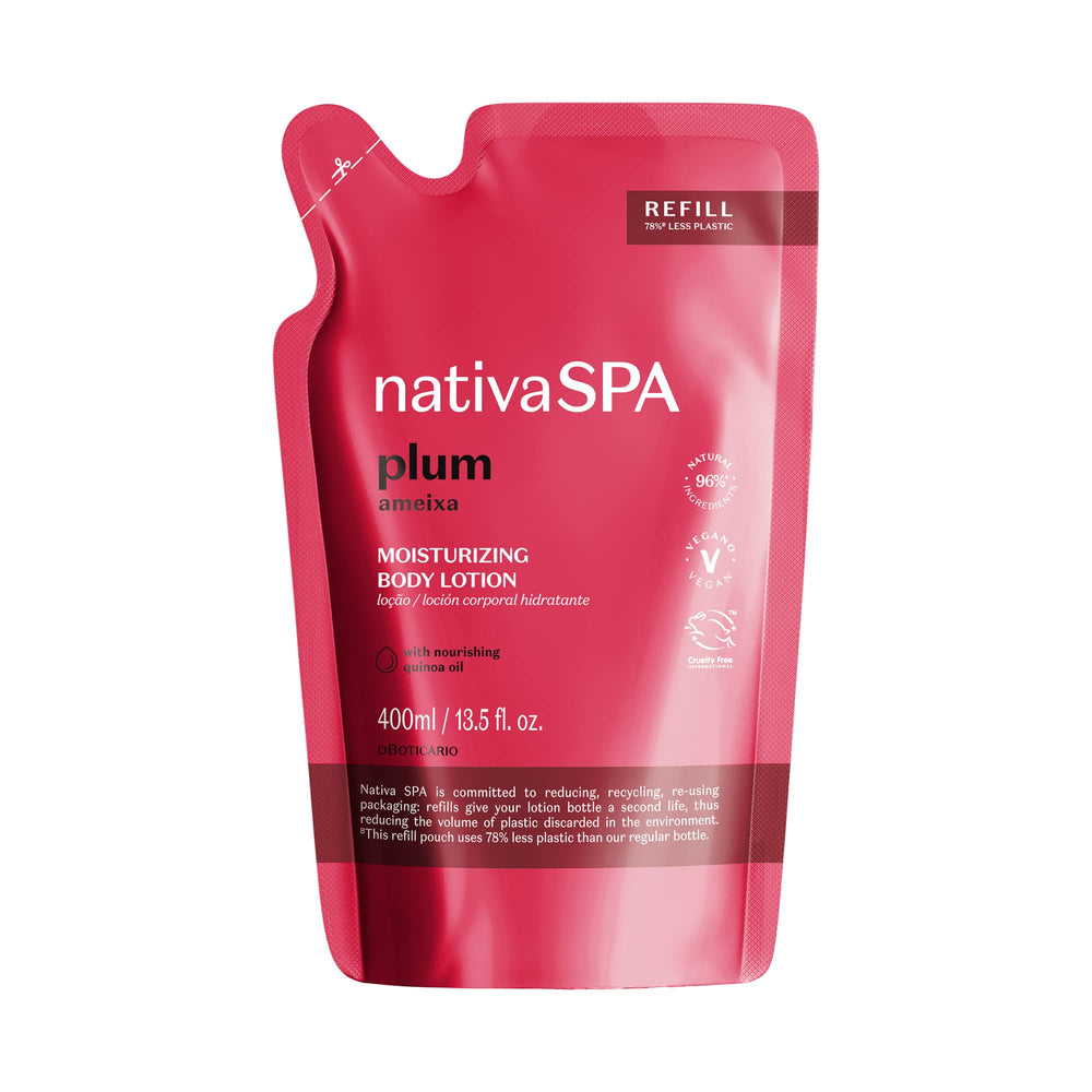 NATIVA SPA Plum Lotion bottle shows quinoa oil hydration for smooth skin.