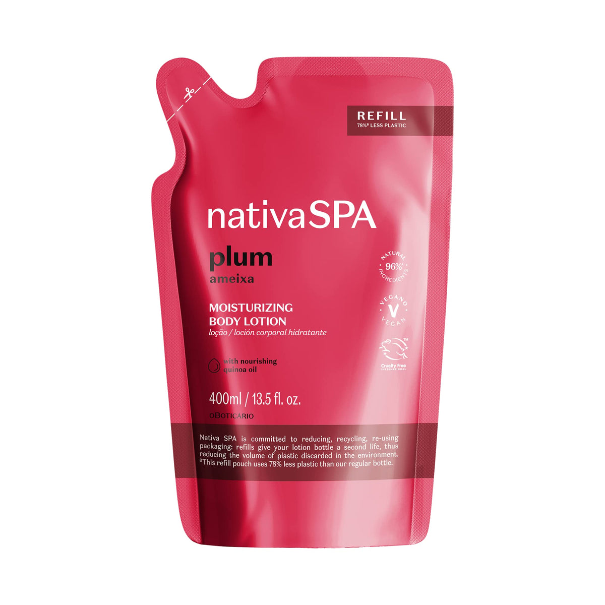 NATIVA SPA Plum Lotion bottle shows quinoa oil hydration for smooth skin.