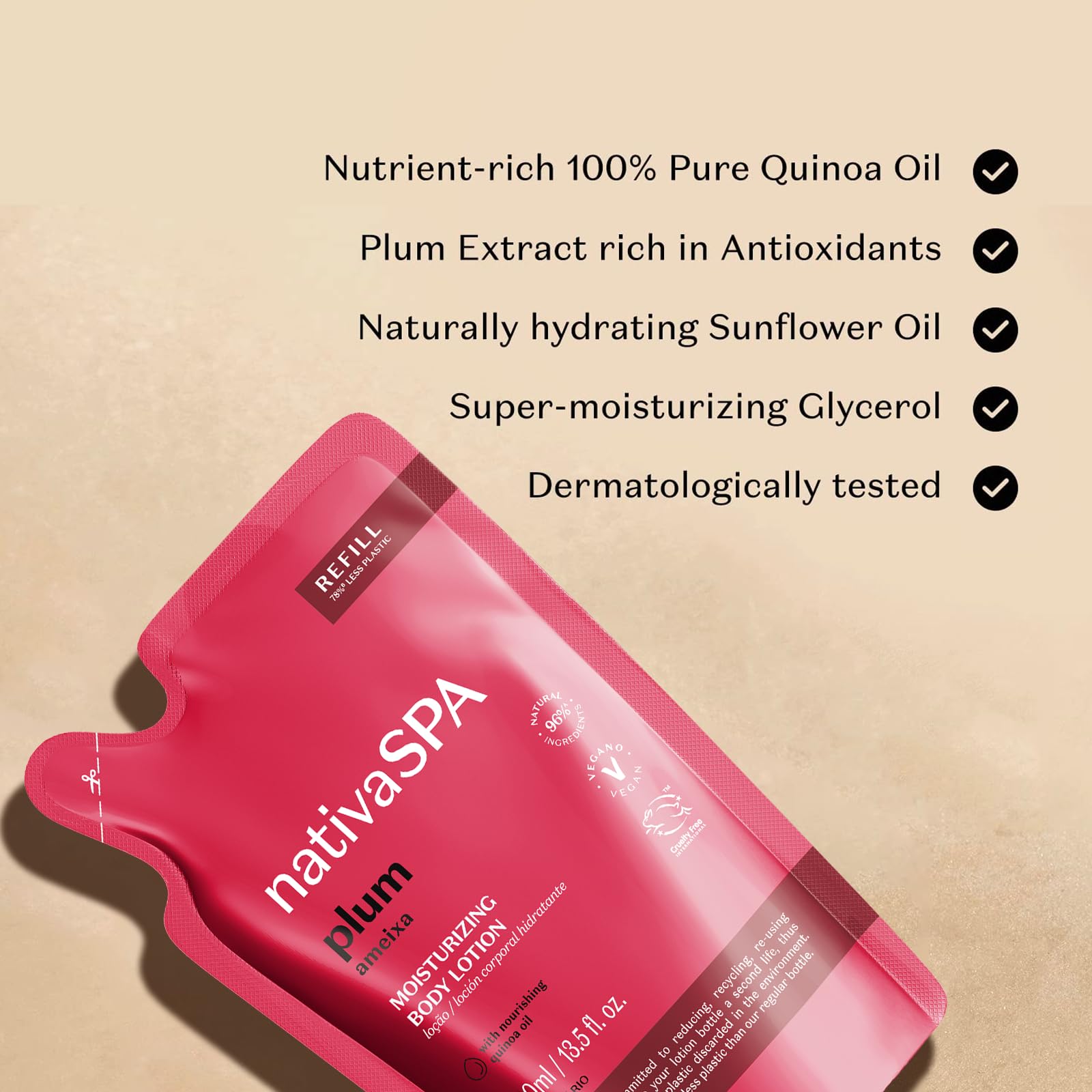 NATIVA SPA Plum Lotion refill pack emphasizes eco-friendly packaging.