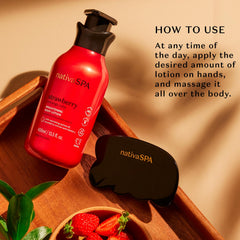 NATIVA SPA Ruby Strawberry quinoa oil feature highlights nourishing formula.