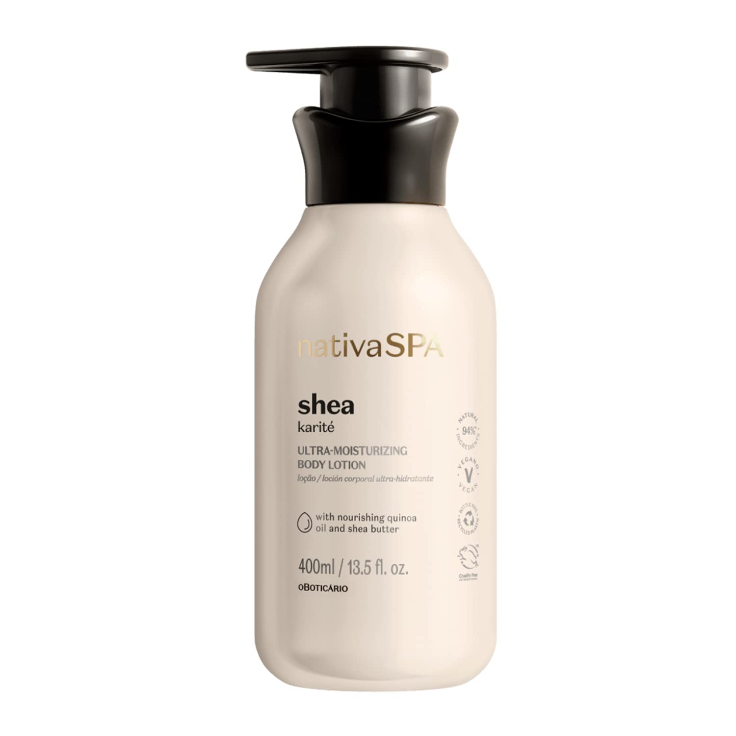 Nativa Spa Shea Body Lotion bottle close-up shows long-lasting hydration.