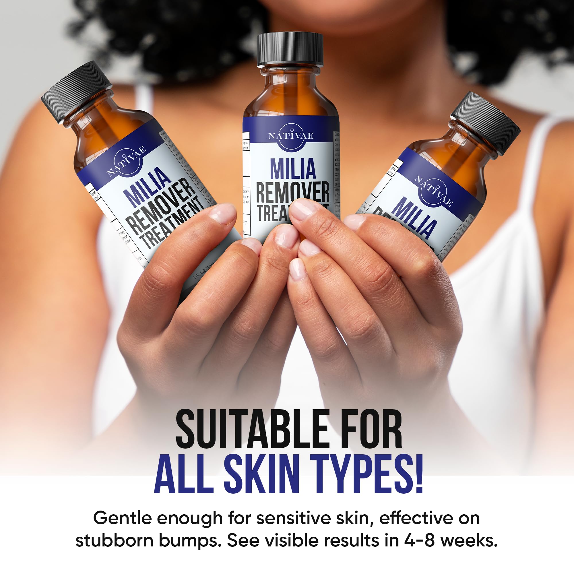 Nativae Milia Remover packaging highlighting natural ingredients and simple usage