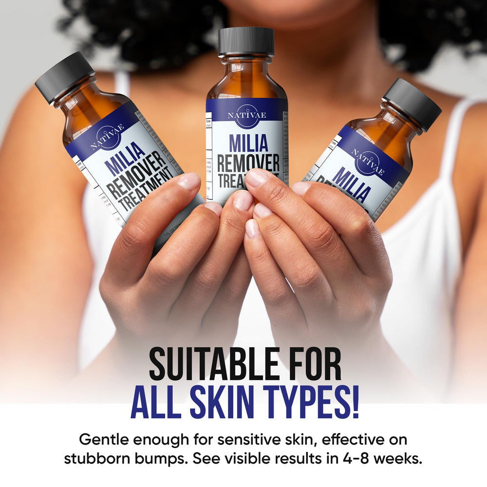 Nativae Milia Remover packaging highlighting natural ingredients and simple usage