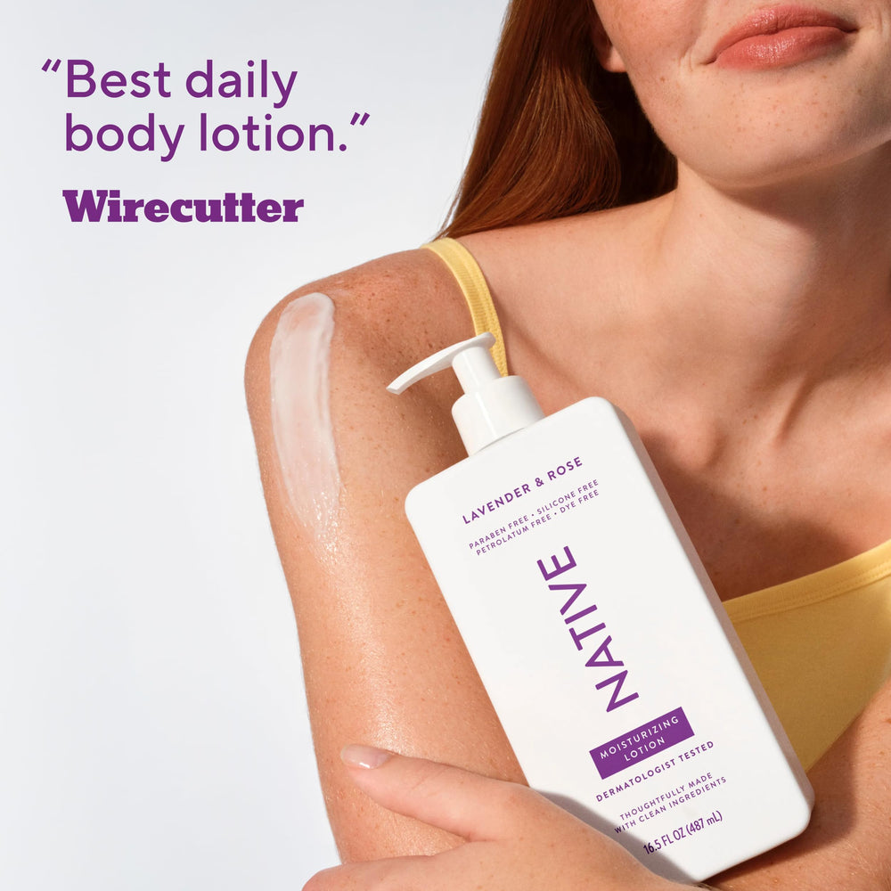 Native Body Lotion in hand demonstrates quick absorption after shower.