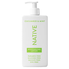 Native Body Lotion bottle by the pool with cucumber mint scent for refreshing skin.