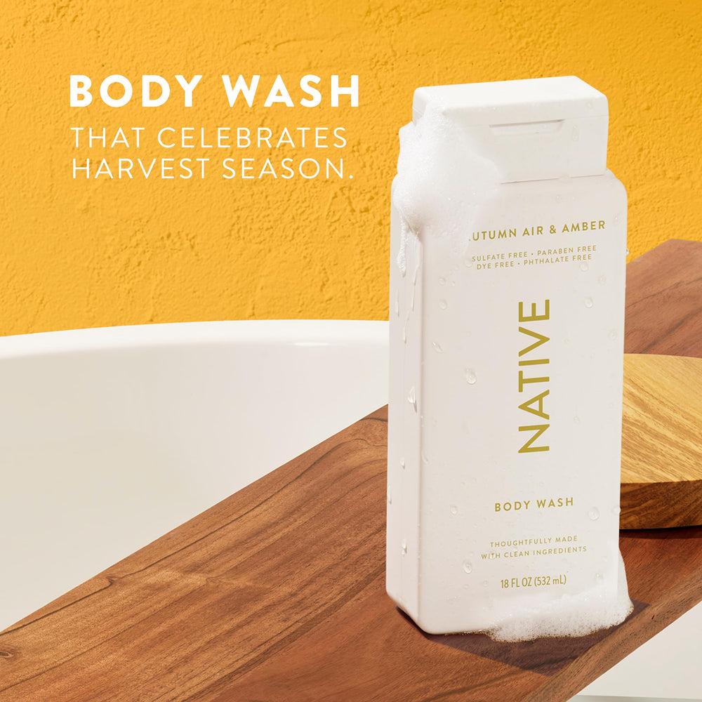 Native Body Wash Autumn Air & Amber lathering on skin for hydration and softness.