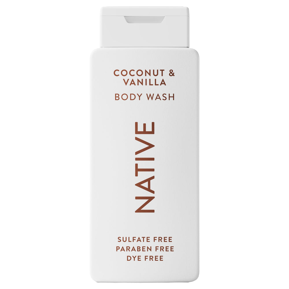 Native Body Wash coconut vanilla bottle shows natural ingredients for gentle cleansing
