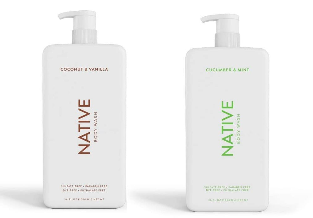 Native Body Wash coconut-vanilla pump bottle with tropical scent and rich lather.
