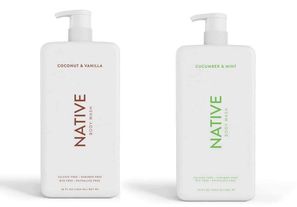Native Body Wash coconut-vanilla pump bottle with tropical scent and rich lather.